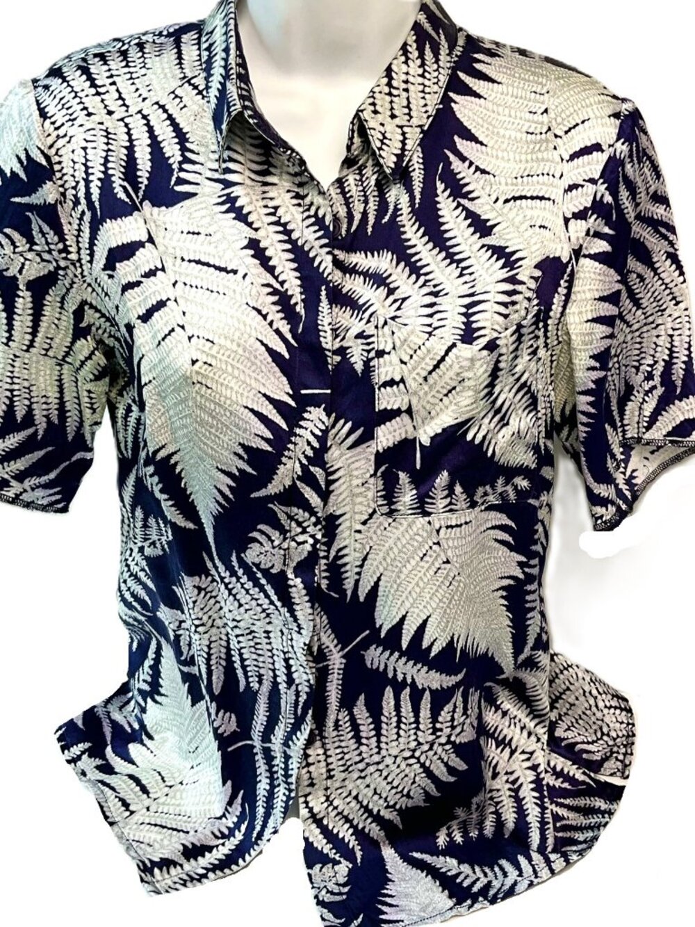 Le Mont Saint Michel Silk Blend Shirt Navy Fern Print Size 38